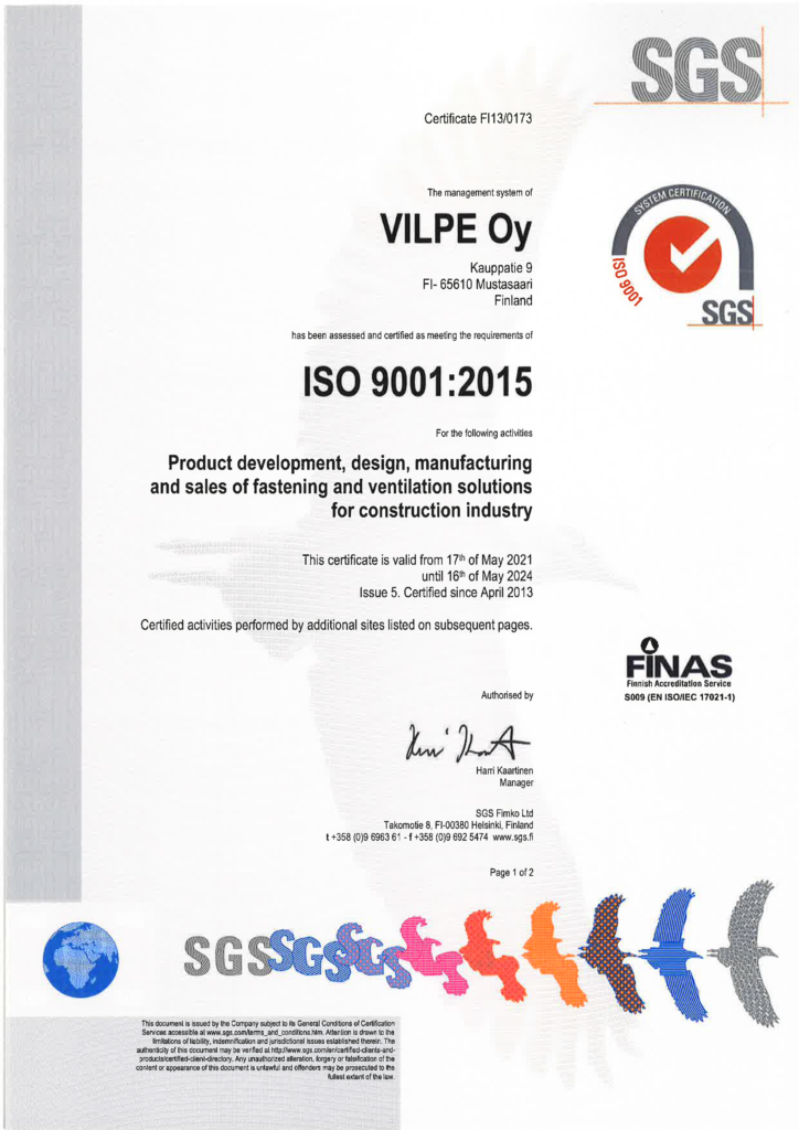 Quality certificate ISO 9001:2015