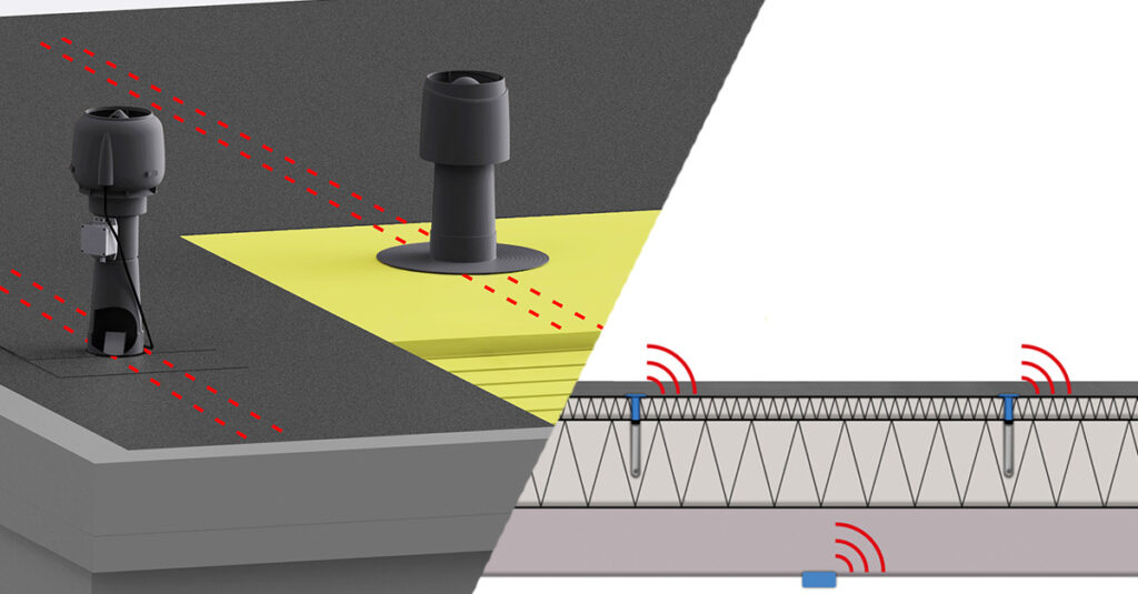 Illustration drawings of VILPE Sense roof moisture meter systems installed on roof.